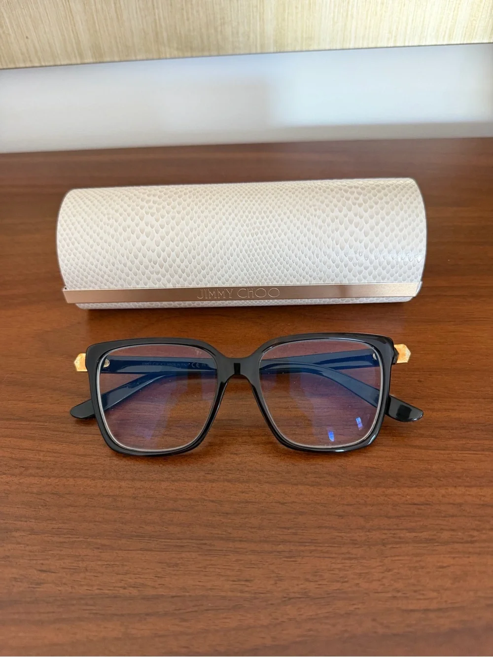 Jimmy Choo Black and Gold Square Sunglasses with Light Blue Lenses